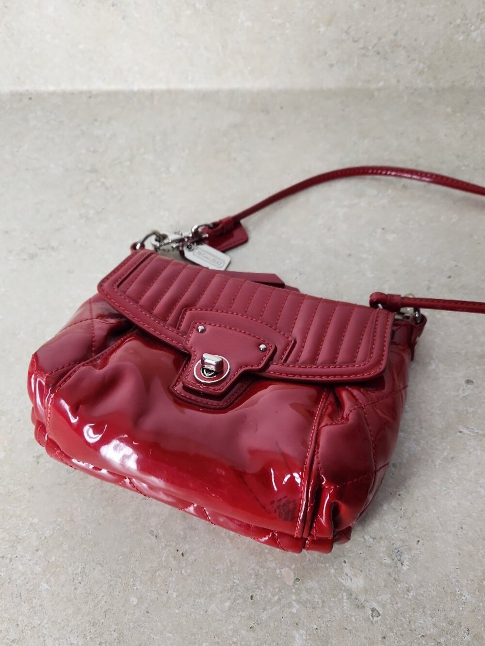 Coach Poppy Liquid Gloss Quilted Patent Leather Mini crossbody purse bag red